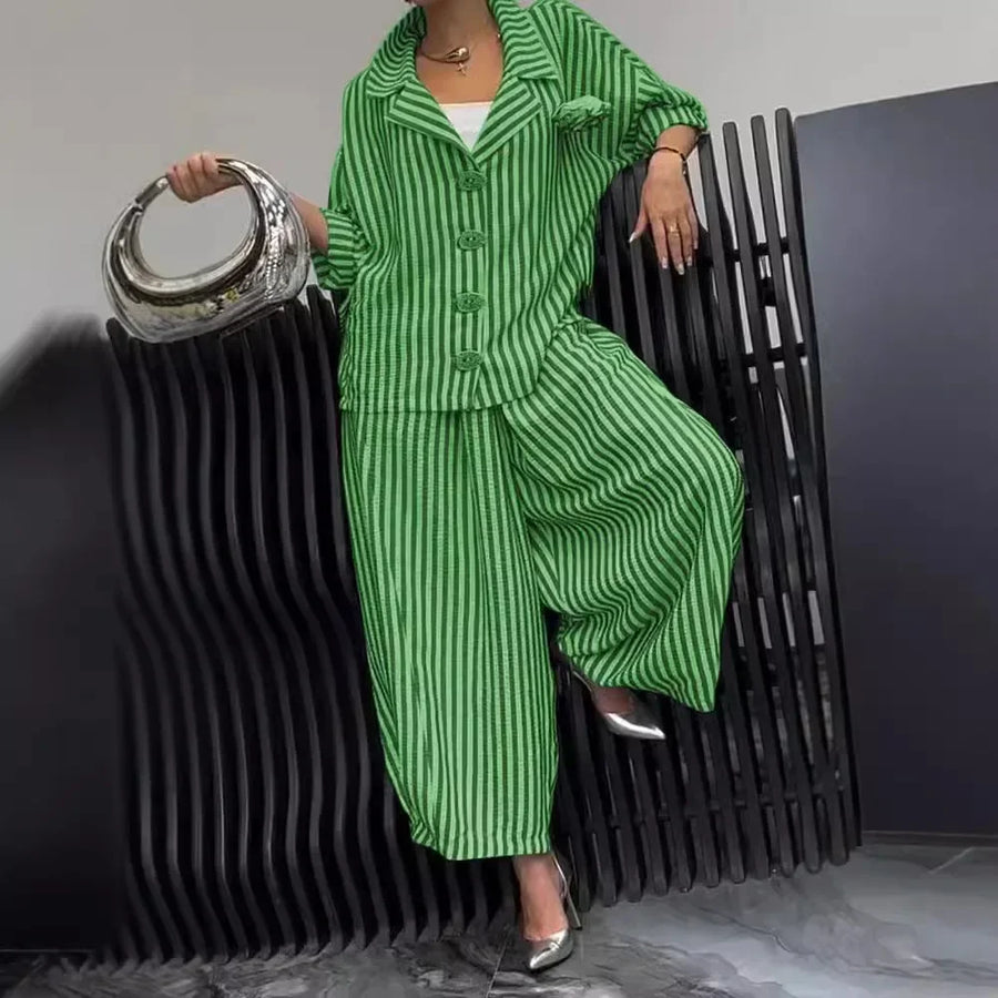 New Women Casual Tracksuits Set Long Sleeve Fashion Striped Blouse and Wide Leg Pants Suit Large Big 5xl Female Two Piece Sets