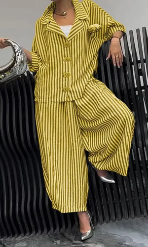 New Women Casual Tracksuits Set Long Sleeve Fashion Striped Blouse and Wide Leg Pants Suit Large Big 5xl Female Two Piece Sets
