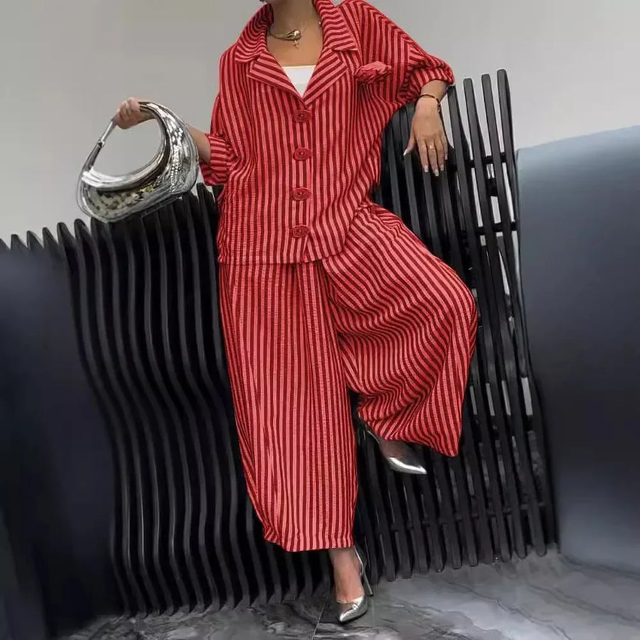 New Women Casual Tracksuits Set Long Sleeve Fashion Striped Blouse and Wide Leg Pants Suit Large Big 5xl Female Two Piece Sets